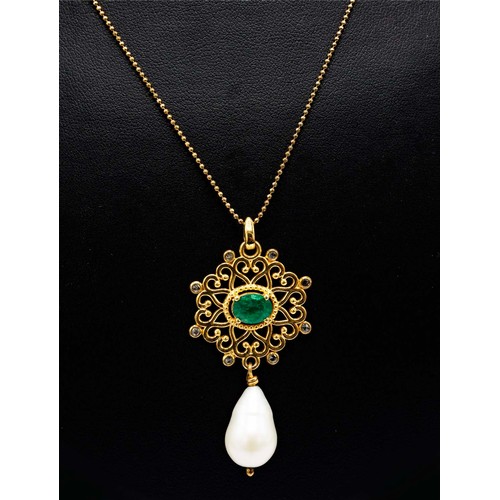 58 - FANCY OPENWORK PENDANT SET WITH A SUSPENDED CULTURED PEARL, and oval-cut emerald and mixed cut diamo... 