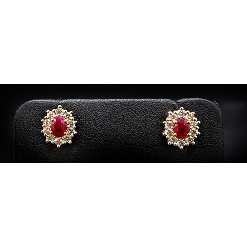 61 - PAIR OF 9CT YELLOW AND WHITE GOLD OVAL RUBY AND RBC DIAMOND CLUSTER STUDS, boxed, rubies 1.43ct, dia... 