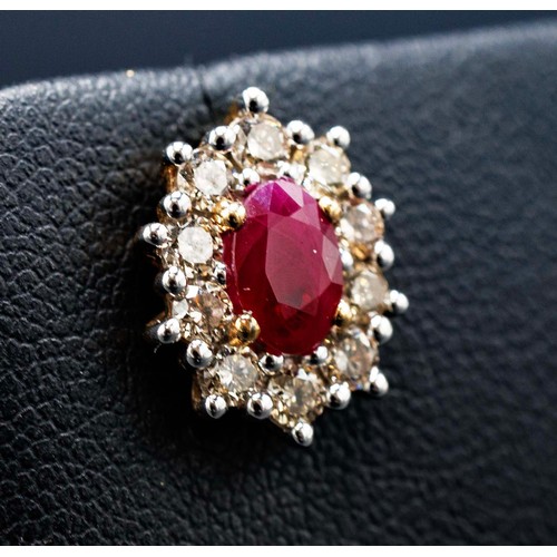 61 - PAIR OF 9CT YELLOW AND WHITE GOLD OVAL RUBY AND RBC DIAMOND CLUSTER STUDS, boxed, rubies 1.43ct, dia... 