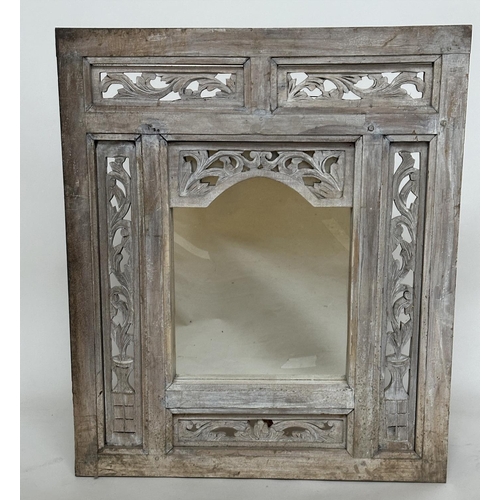 155 - INDIAN WALL MIRROR, vintage arched plate with pierced bleached hardwood frame, 60cm W x 70cm H.