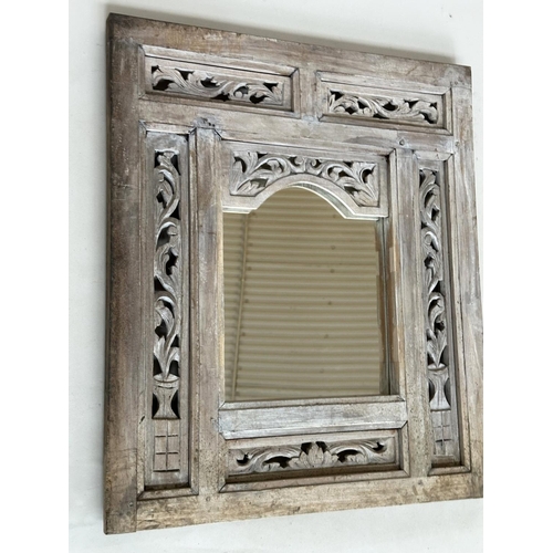 155 - INDIAN WALL MIRROR, vintage arched plate with pierced bleached hardwood frame, 60cm W x 70cm H.