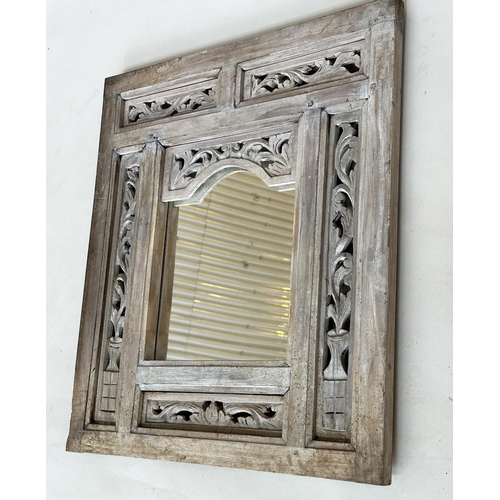 155 - INDIAN WALL MIRROR, vintage arched plate with pierced bleached hardwood frame, 60cm W x 70cm H.