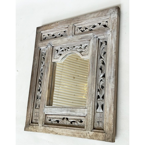 155 - INDIAN WALL MIRROR, vintage arched plate with pierced bleached hardwood frame, 60cm W x 70cm H.