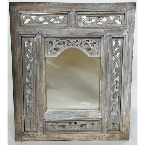 155 - INDIAN WALL MIRROR, vintage arched plate with pierced bleached hardwood frame, 60cm W x 70cm H.