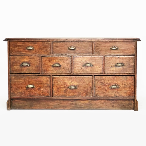 156 - WORKBENCH/COUNTER, 19th century English oak and pine with ten drawers and panelled construction, 170... 