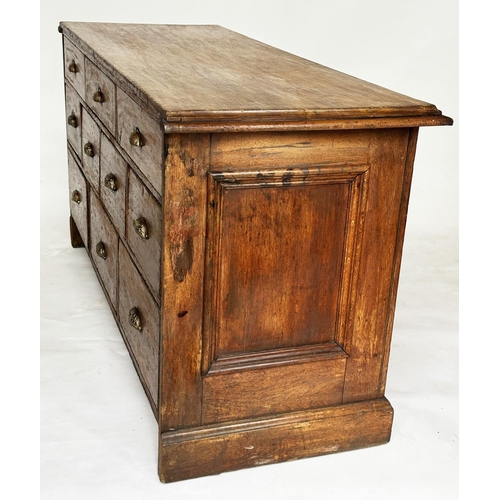 156 - WORKBENCH/COUNTER, 19th century English oak and pine with ten drawers and panelled construction, 170... 