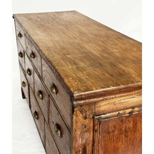 156 - WORKBENCH/COUNTER, 19th century English oak and pine with ten drawers and panelled construction, 170... 