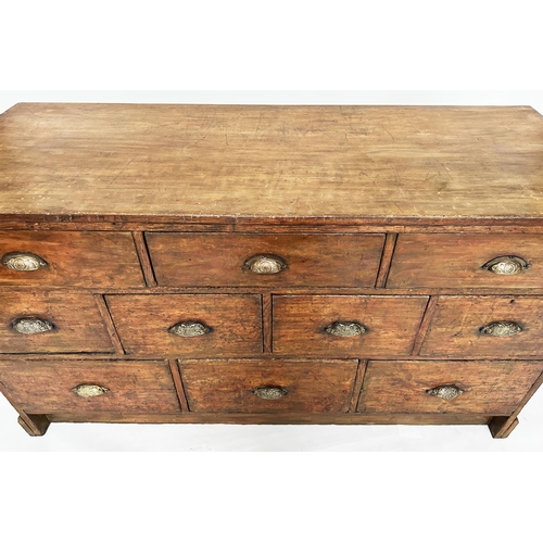 156 - WORKBENCH/COUNTER, 19th century English oak and pine with ten drawers and panelled construction, 170... 