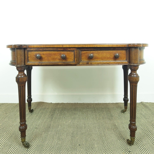 157 - HOLLAND AND SONS WRITING TABLE, Victorian rosewood with tan leather top and two drawers on brass cas... 