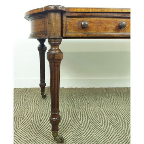 157 - HOLLAND AND SONS WRITING TABLE, Victorian rosewood with tan leather top and two drawers on brass cas... 