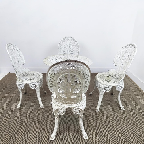 159 - GARDEN TABLE, circular white painted metal, 65cm H x 70cm and a set of four chairs, 86cm H x 43cm. (... 