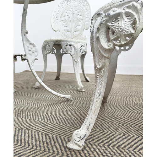 159 - GARDEN TABLE, circular white painted metal, 65cm H x 70cm and a set of four chairs, 86cm H x 43cm. (... 