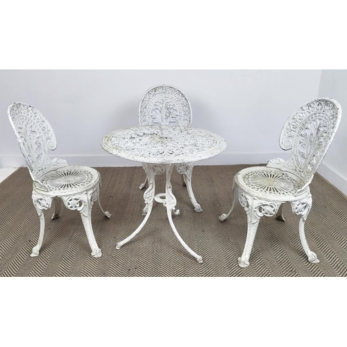 159 - GARDEN TABLE, circular white painted metal, 65cm H x 70cm and a set of four chairs, 86cm H x 43cm. (... 