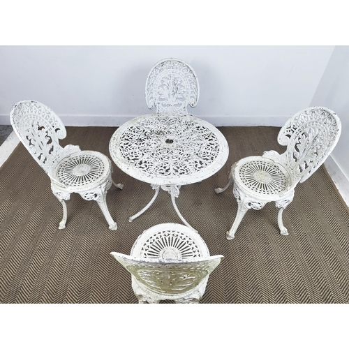 159 - GARDEN TABLE, circular white painted metal, 65cm H x 70cm and a set of four chairs, 86cm H x 43cm. (... 