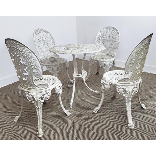 159 - GARDEN TABLE, circular white painted metal, 65cm H x 70cm and a set of four chairs, 86cm H x 43cm. (... 