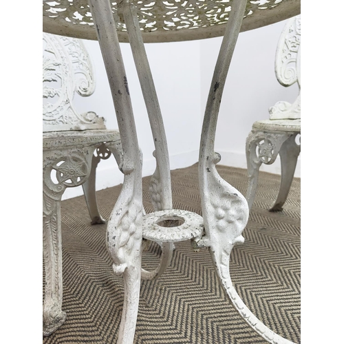 159 - GARDEN TABLE, circular white painted metal, 65cm H x 70cm and a set of four chairs, 86cm H x 43cm. (... 