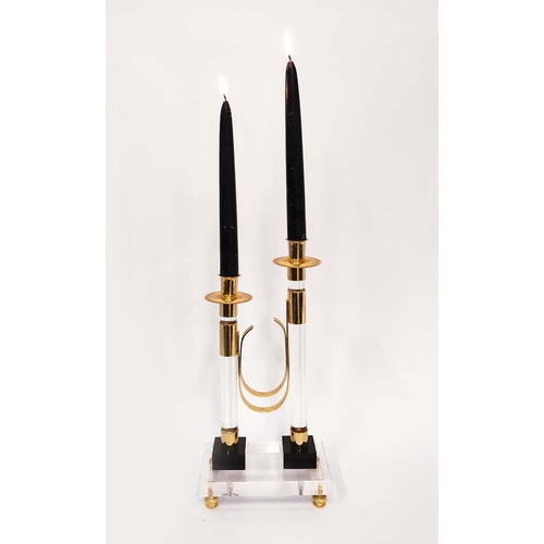 16 - CANDELABRA, a pair, lucite and brass with twin sconces, 32cm H x 16cm x 9cm D. (2)