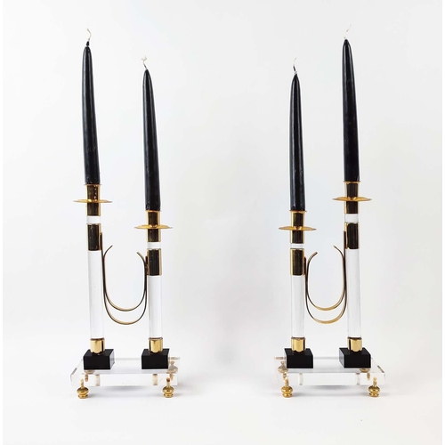 16 - CANDELABRA, a pair, lucite and brass with twin sconces, 32cm H x 16cm x 9cm D. (2)