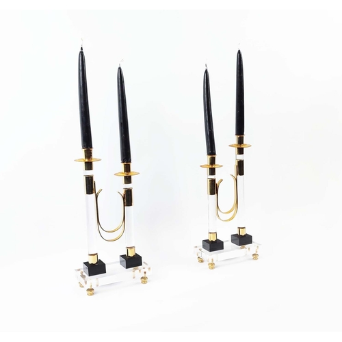 16 - CANDELABRA, a pair, lucite and brass with twin sconces, 32cm H x 16cm x 9cm D. (2)