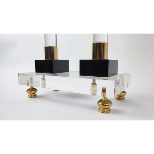 16 - CANDELABRA, a pair, lucite and brass with twin sconces, 32cm H x 16cm x 9cm D. (2)