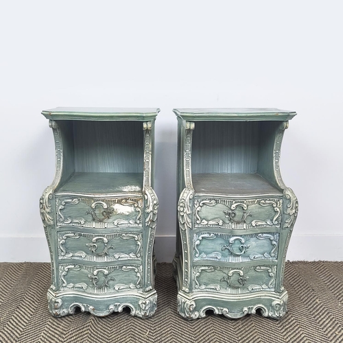 161 - BEDSIDE CHESTS, a pair, Spanish Rococo style painted with three drawers, labelled Mariano Garcia, Va... 