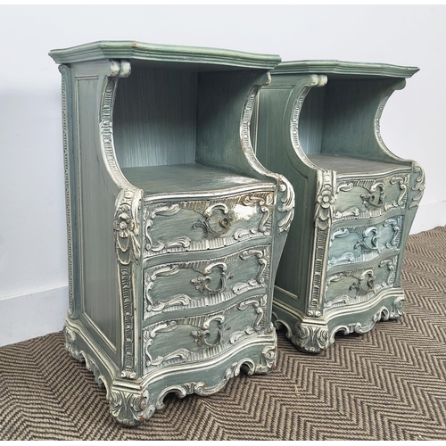 161 - BEDSIDE CHESTS, a pair, Spanish Rococo style painted with three drawers, labelled Mariano Garcia, Va... 