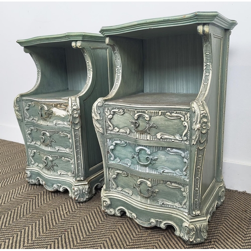 161 - BEDSIDE CHESTS, a pair, Spanish Rococo style painted with three drawers, labelled Mariano Garcia, Va... 