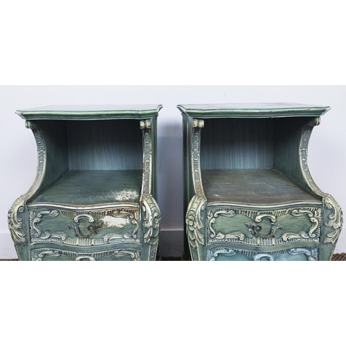 161 - BEDSIDE CHESTS, a pair, Spanish Rococo style painted with three drawers, labelled Mariano Garcia, Va... 