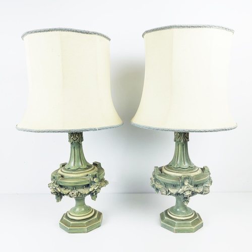 163 - TABLE LAMPS, a pair, Spanish painted with cream shades, 78cm H overall. (2)