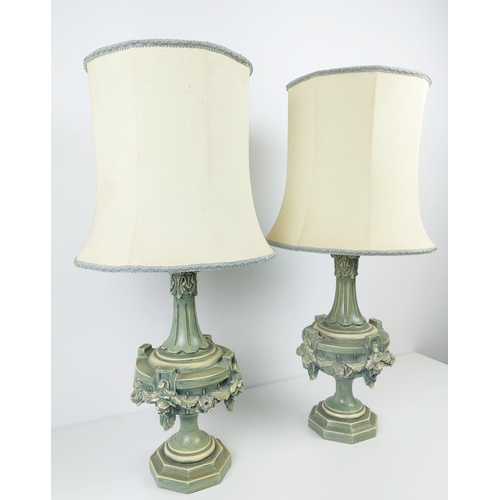 163 - TABLE LAMPS, a pair, Spanish painted with cream shades, 78cm H overall. (2)