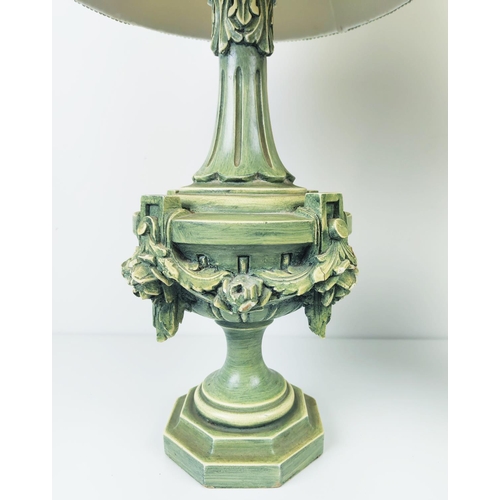 163 - TABLE LAMPS, a pair, Spanish painted with cream shades, 78cm H overall. (2)