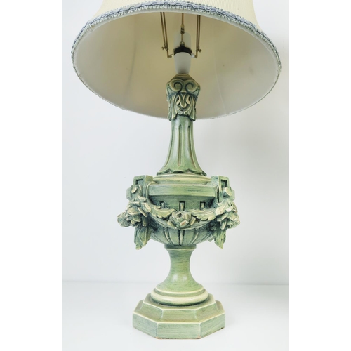 163 - TABLE LAMPS, a pair, Spanish painted with cream shades, 78cm H overall. (2)