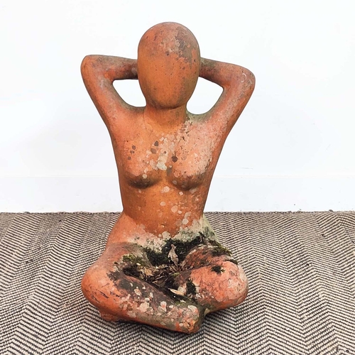 164 - GARDEN SCULPTURE, terracotta in the form of a seated figure, 64cm H x 40cm x 37cm. (weathered)