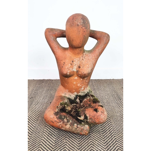 164 - GARDEN SCULPTURE, terracotta in the form of a seated figure, 64cm H x 40cm x 37cm. (weathered)