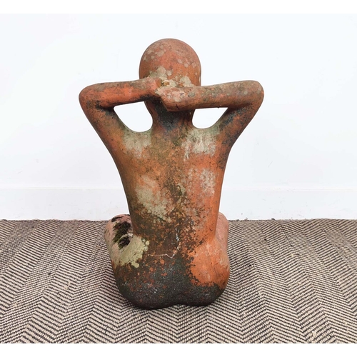 164 - GARDEN SCULPTURE, terracotta in the form of a seated figure, 64cm H x 40cm x 37cm. (weathered)