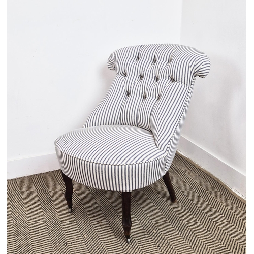 165 - SLIPPER CHAIR, 19th century Continental beechwood in ticking upholstery, 79cm H x 62cm x 76cm.