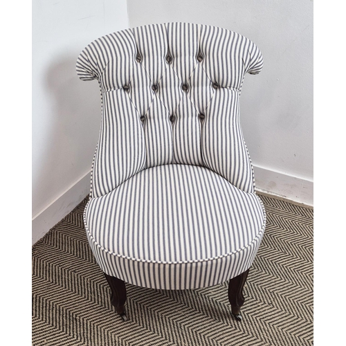 165 - SLIPPER CHAIR, 19th century Continental beechwood in ticking upholstery, 79cm H x 62cm x 76cm.