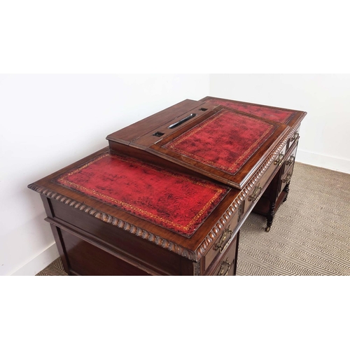 166 - PEDESTAL DESK, Victorian mahogany, circa 1890 with red leather slope and six drawers on brass castor... 