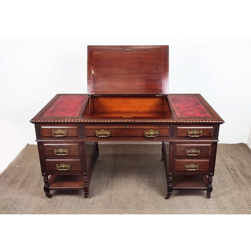 166 - PEDESTAL DESK, Victorian mahogany, circa 1890 with red leather slope and six drawers on brass castor... 