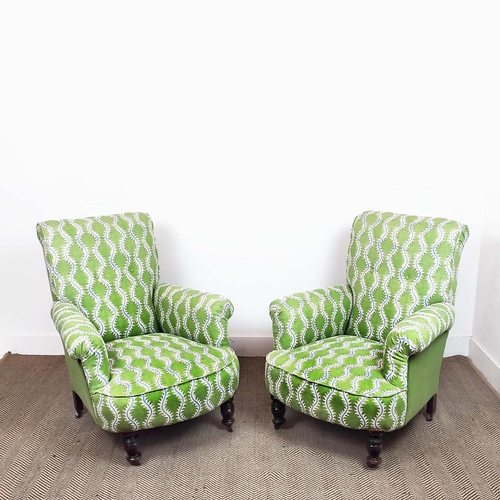 HOWARD STYLE ARMCHAIRS, a pair, Victorian in velvet and green patterned upholstery, 83cm H x 81cm x 92cm. (2)