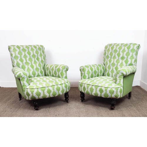 167 - HOWARD STYLE ARMCHAIRS, a pair, Victorian in velvet and green patterned upholstery, 83cm H x 81cm x ... 