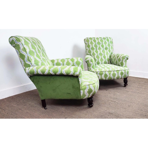 167 - HOWARD STYLE ARMCHAIRS, a pair, Victorian in velvet and green patterned upholstery, 83cm H x 81cm x ... 