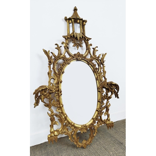 168 - WALL MIRROR, Chinese Chippendale style giltwood with oval plate and pagoda crest, 137cm H x 87cm.