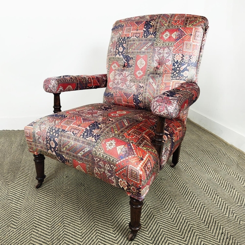 169 - ARMCHAIR, Victorian beechwood in carpet patterned velvet on ceramic castors, 92cm H x 75cm x 90cm.