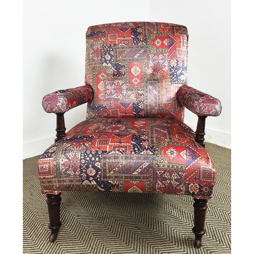 169 - ARMCHAIR, Victorian beechwood in carpet patterned velvet on ceramic castors, 92cm H x 75cm x 90cm.