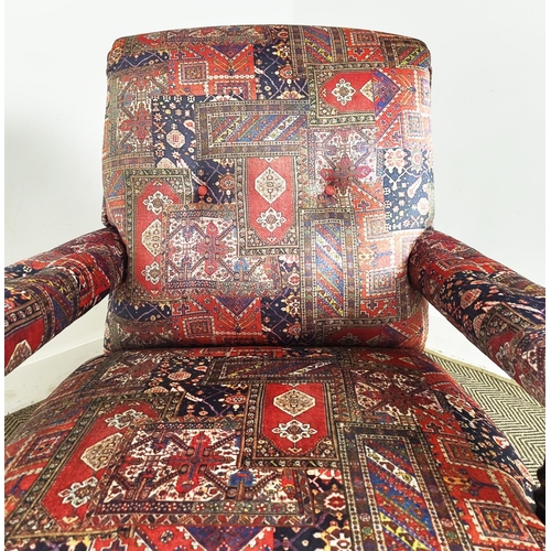 169 - ARMCHAIR, Victorian beechwood in carpet patterned velvet on ceramic castors, 92cm H x 75cm x 90cm.