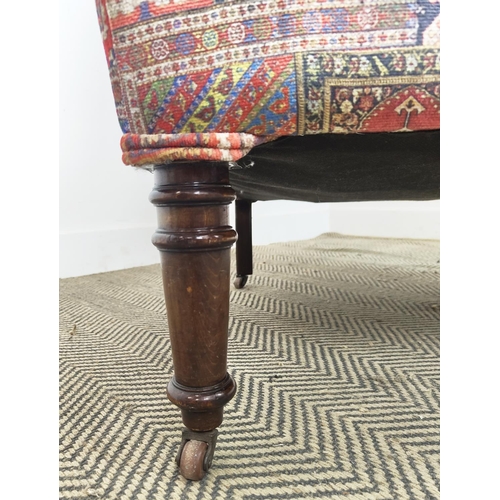 169 - ARMCHAIR, Victorian beechwood in carpet patterned velvet on ceramic castors, 92cm H x 75cm x 90cm.