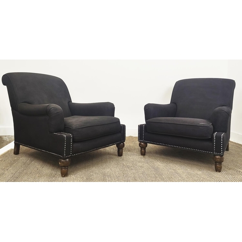 174 - HOWARD STYLE ARMCHAIRS, a pair, in black fabric, 84cm H x 85cm W x 110cm D. (2)