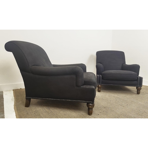 174 - HOWARD STYLE ARMCHAIRS, a pair, in black fabric, 84cm H x 85cm W x 110cm D. (2)