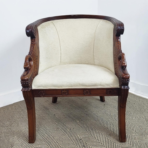 182 - BERGERE, Empire style with swan neck arms and patterned cream upholstery, 87cm H x 678cm W x 70cm D.